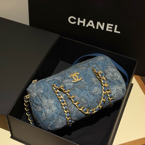 CHANEL香奈兒 鏈條印花牛仔布 保齡球包手提包單肩包斜挎包