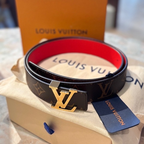未使用 Louis Vuitton 路易威登 平滑扣 雙面 老花 牛皮皮帶 棕色/紅色 尺碼80寬3cm