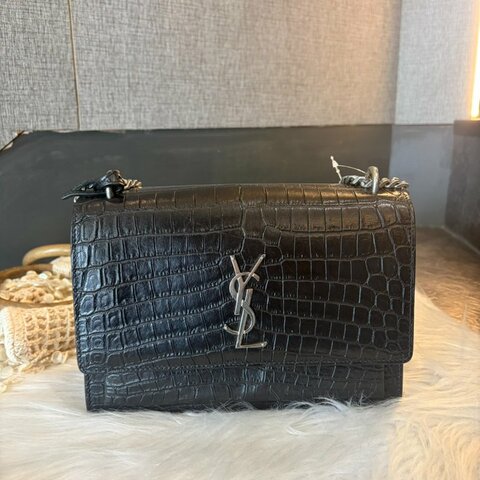 YSL 牛皮壓鱷魚紋鏈包 黑色