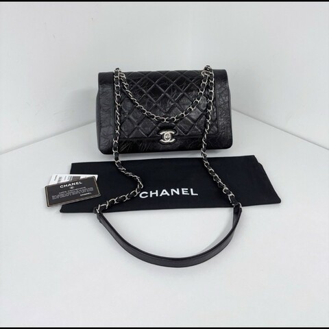 Chanel香奈兒 黑銀油蠟皮口蓋包 98新✨️