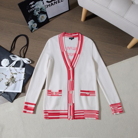 CHANEL Cardigan 米白紅色橫紋山羊絨開衫 Size34