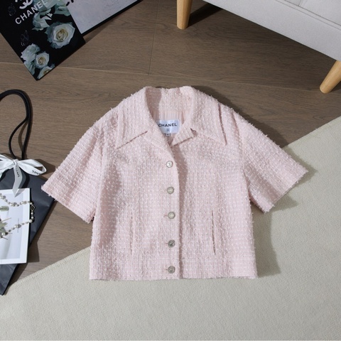 CHANEL Tweed Jacket 淺粉翻領短袖粗花呢外套 Size42