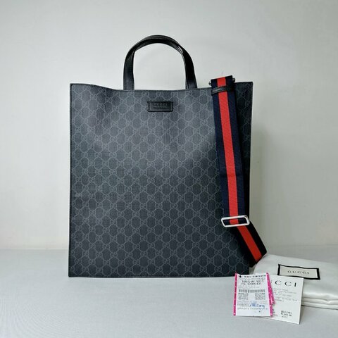 GUCCI GG黑花直式斜背托特包
