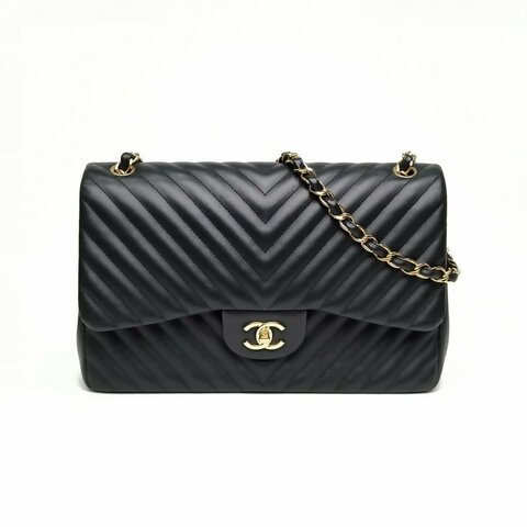 CHANEL CF口蓋包JUMBO黑色牛皮革24開金扣肩背包
