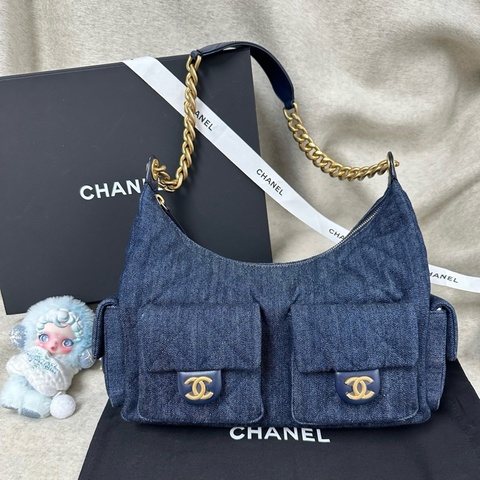 香奈兒 Chanel 25C hobo 嬉皮包 大號 藍色金扣 牛仔布 手提包單肩包腋下包 芯片款