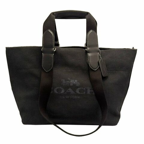 【COACH】素面帆布手提肩背購物托特包(黑)