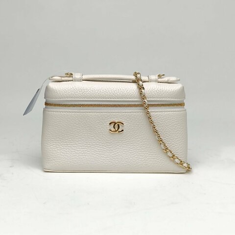 CHANEL 白色牛皮革鐳射標金扣26ALP飯盒包肩背包