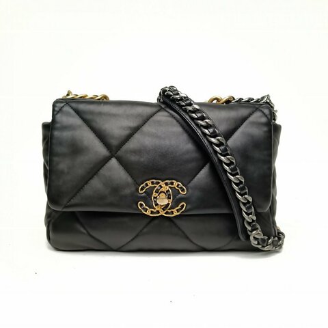 CHANEL 19BAG口蓋包小號黑色羊皮革晶片皮穿鏈扣肩背包