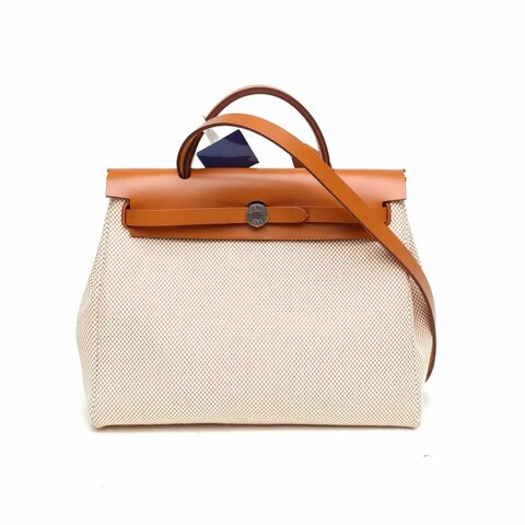 HERMES Herbag31金棕色帆布/牛皮B刻銀扣肩背包