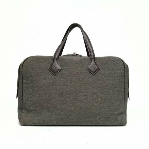 HERMES Victoria維多利亞烏木色TC皮/帆布框R銀扣肩背包