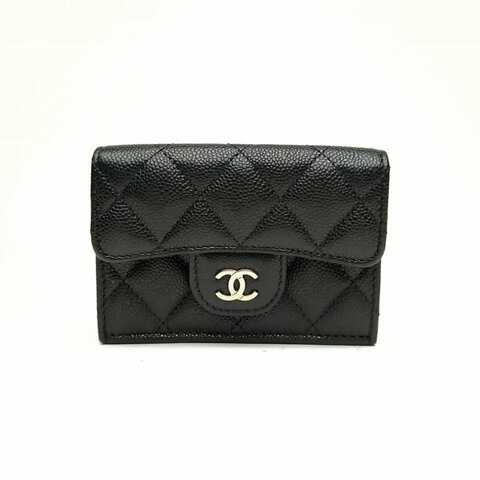CHANEL 黑色荔枝牛皮革鐳射標金扣CF三折錢包肩背包