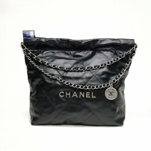 CHANEL 22BagTote托特包小號黑色牛皮革晶片銀扣肩背包