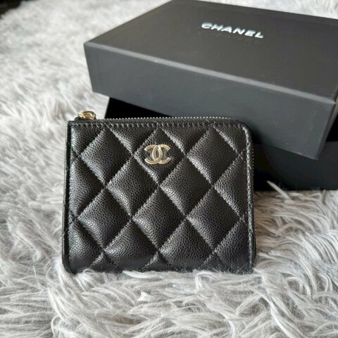 CHANEL L型 黑色 金釦 拉鍊 魚子醬 小牛皮 短夾 AP3999
