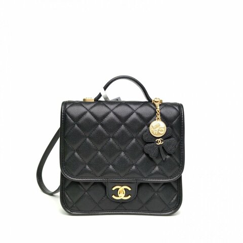 CHANEL 黑色荔枝牛皮革晶片金扣25B金幣四葉草雙肩包肩背包