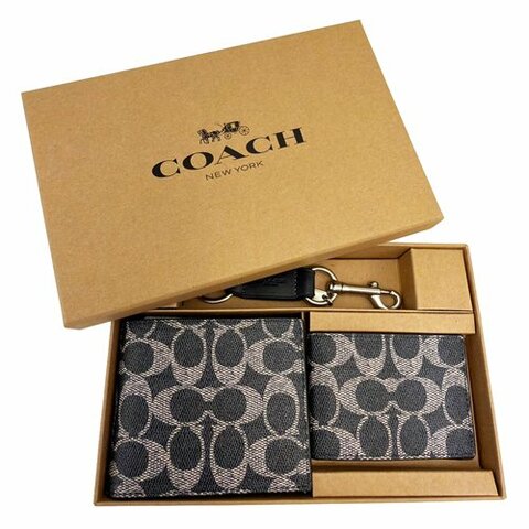 【COACH】C LOGO男款8卡短夾附鑰匙圈活動證件夾禮盒(墨藍)
