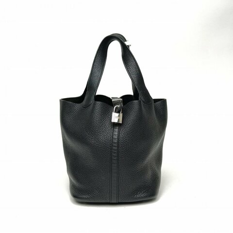 HERMES Picotin22菜籃子黑色TC皮C刻銀扣肩背包