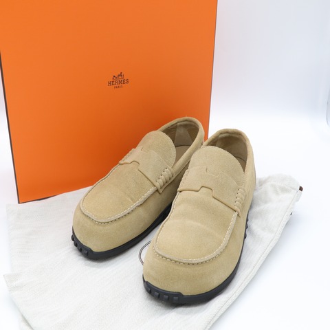 降價EU39(24.5)Hermès 愛馬仕 沙色 Lazy 系列 麂皮樂福鞋 超舒適平底鞋