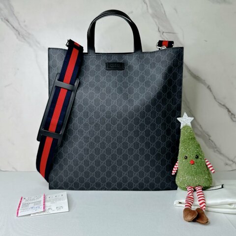 GUCCI 黑花直式托特包