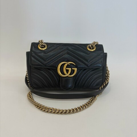 Gucci/古馳黑金全皮馬蒙22鏈條單肩斜挎包