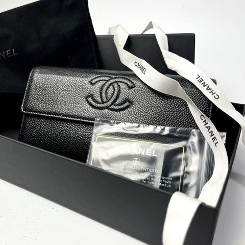 真品 CHANEL香奈兒長款對折長夾 Coco 縫線 Coco 標誌 魚子醬紋小牛皮革 黑色 大容量
