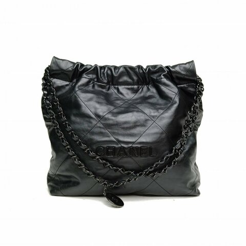 CHANEL 22BagTote托特包小號黑色牛皮革晶片黑扣肩背包