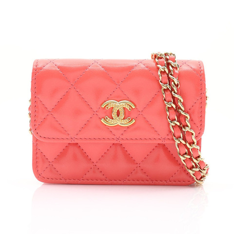 CHANEL 香奈兒 Card Holder On Chain 肩背包 鮭魚粉紅色 菱格紋 羊皮 金扣