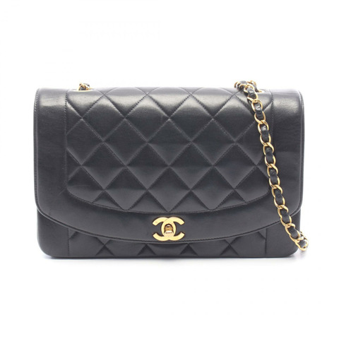 香奈兒 (CHANEL) 絎縫 Diana 翻蓋鏈條肩背斜挎包，羊皮材質，黑色，二手，金色五金