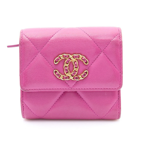 CHANEL 香奈兒 19 三折扣式短夾 紫色 菱格紋羊皮 金扣 AP1064