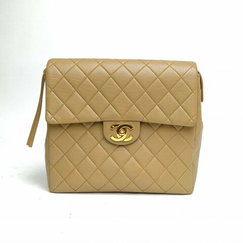 CHANEL 卡其色羊皮3開金扣中古米金羊雙肩包Jennie同款肩背包