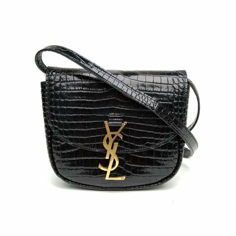 YSL KAIA馬鞍包小號鱷魚壓紋黑色牛皮革金扣