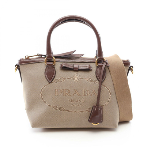 PRADA LOGO JACQUARD 肩背斜背包 帆布皮革 米色 棕色 二手