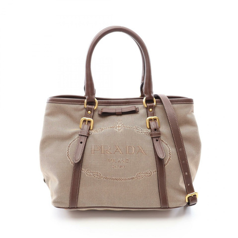 PRADA LOGO 提花肩挎手提包帆布皮革米色二手