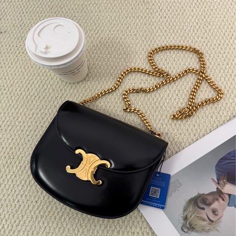 賽琳 Celine 凱旋門鏈條馬鞍包斜挎包 黑色牛皮