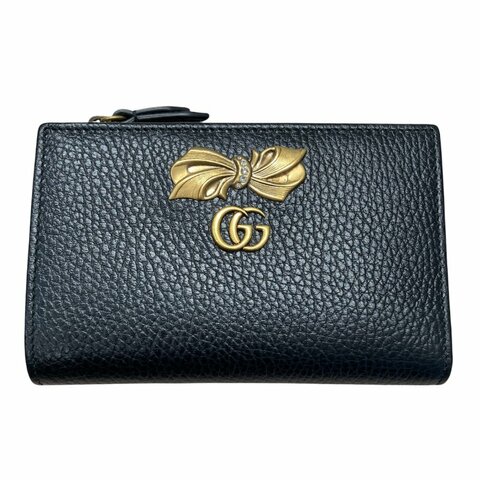 GUCCI 古馳 GG Marmont 蝴蝶結中夾 524300 皮革 黑色 金釦