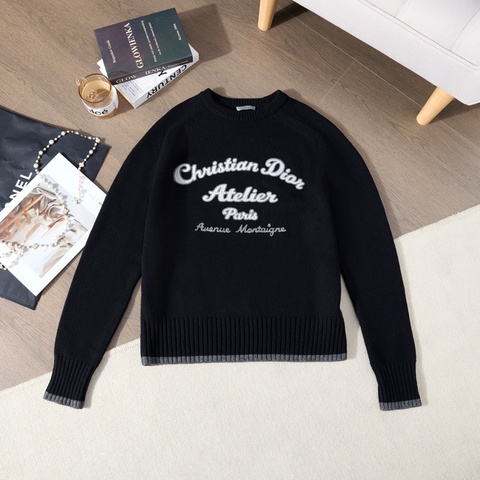 DIOR Atelier 黑色銀色刺繡純羊毛圓領毛衣 SizeM