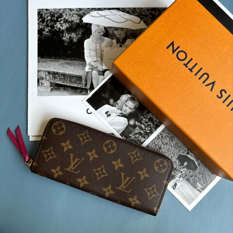 ::LOUIS VUITTON:: M60742 Clémence 紫紅色皮革拉鍊內裡 經典花紋長夾 錢包