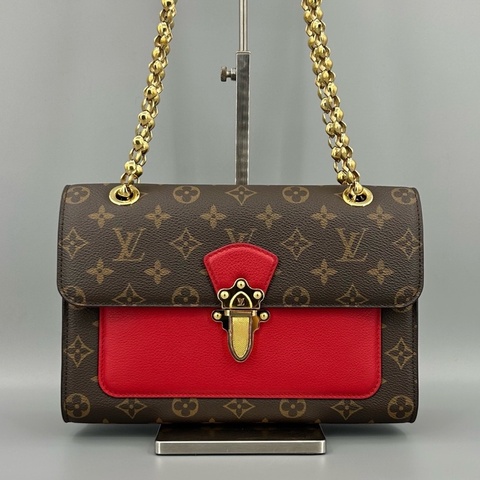 Louis Vuitton 路易威登 維多利亞老花拼紅小號鏈條單肩斜挎包 16年 26*18
