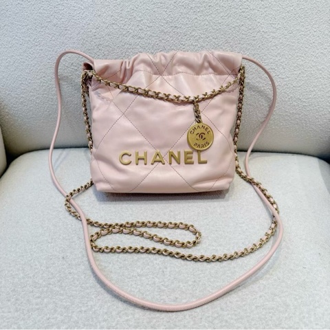 Chanel 22bag mini 櫻花粉金鍊斜背包手提包 晶片款 Shiny Calfskin金鍊 晶片款