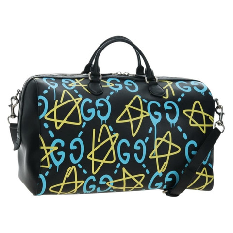 GUCCI Ghost Boston 手提包，皮革材質，兩用，黑色/銀色，正品，貨號 192424SAM