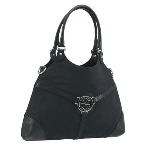 GUCCI 雙G互扣手提包 帆布 黑銀色 正品 195355V