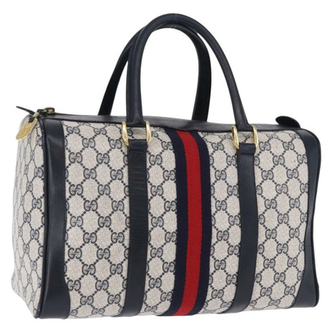 GUCCI GG Supreme Sherry Line 波士頓包 PVC 海軍藍金色 正品 196762A