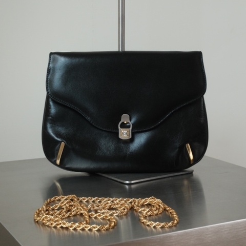 CELINE Vintage 1980s 思琳 凱旋門鎖扣 黑色小牛皮繩紋金鍊包