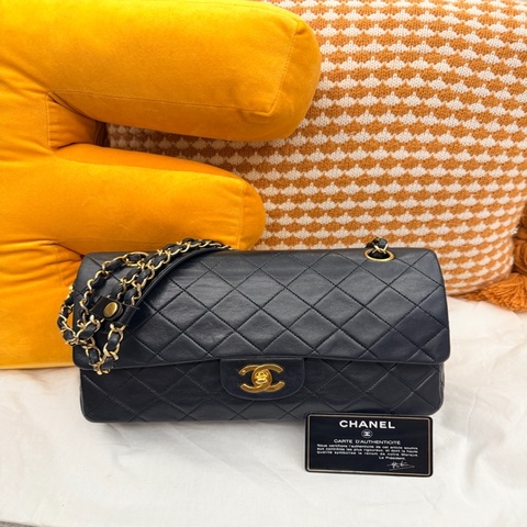 【極美古董珍藏】CF25 CHANEL Vintage 25cm 黑金雙蓋口蓋包 24K金雙C釦（經典黑羊皮/雙鏈）