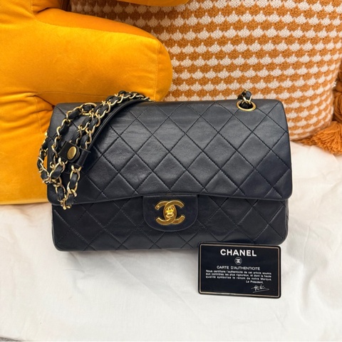 【極美古董珍藏】CF25 CHANEL Vintage 25cm 黑金雙蓋口蓋包 24K金雙C釦（經典黑羊皮/雙鏈）