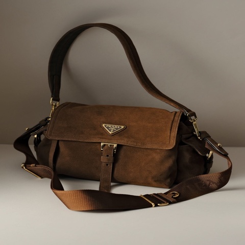 PRADA 普拉達 深棕色 / 麂皮金扣 Explore 絨面皮革/郵差包/單肩包