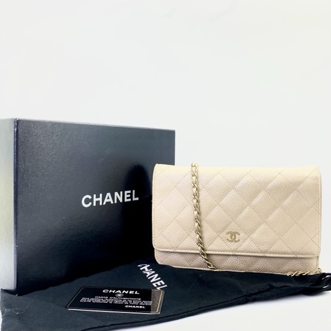 CHANEL 經典荔枝牛皮 WOC 鏈條肩背包 米色金釦（16開）