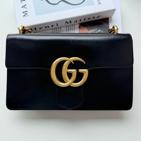 【97新】Gucci/古馳 經典復古雙g 鏈條包黑金全皮