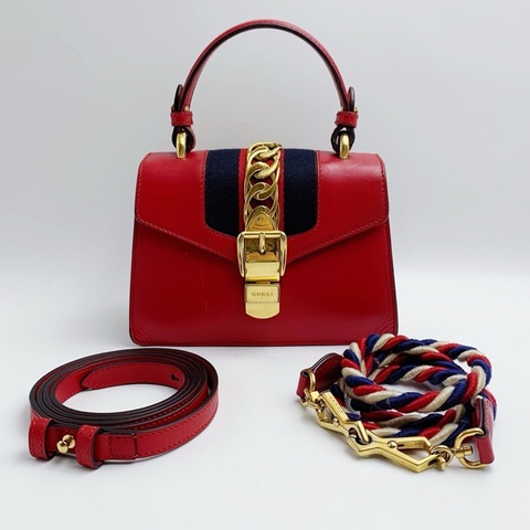 Gucci古馳  sylvie紅色手柄款單肩斜挎手提包