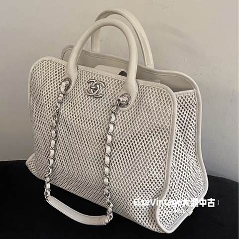 💎Chanel香奈兒｜白色銀扣鏤空tote手提包托特包｜98新17開