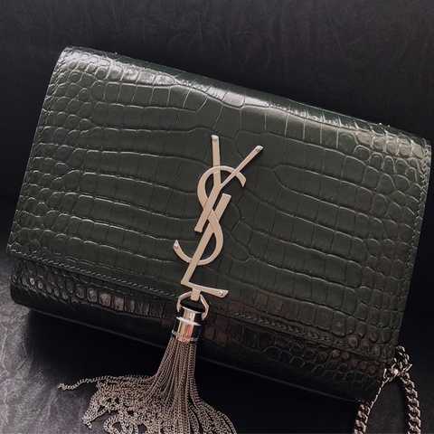 ✨YSL｜Kate流蘇包 黑銀鰐魚紋鏈條包｜98新